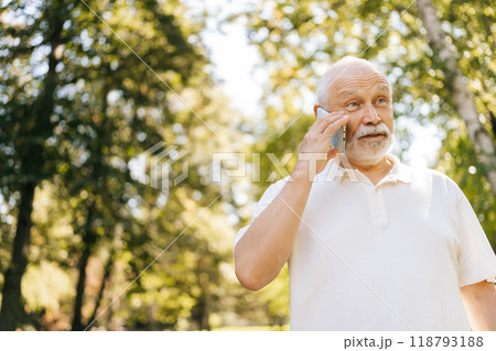 Handsome gray-haired senior man with white beard smiling talking on smartphone in sunny park, enjoying fresh air and greenery. Confident elderly man with white beard enjoying leisurely phone call. Handsome gray-haired senior man with white beard smiling talking on smartphone in sunny park, enjoying fresh air and greenery. Confident elderly man with white beard enjoying leisurely phone call. 118793188