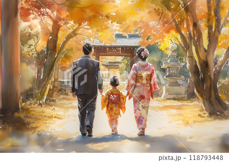 七五三の風景:着物姿の家族と神社での温かなひととき 七五三の風景:着物姿の家族と神社での温かなひととき 118793448