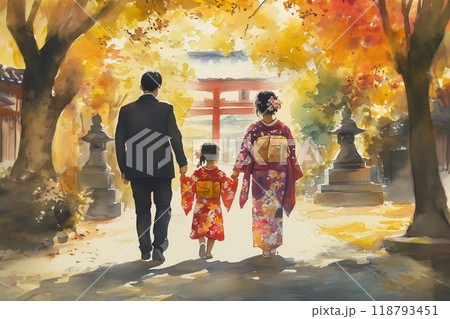 七五三の風景：着物姿の家族と神社での温かなひととき 118793451