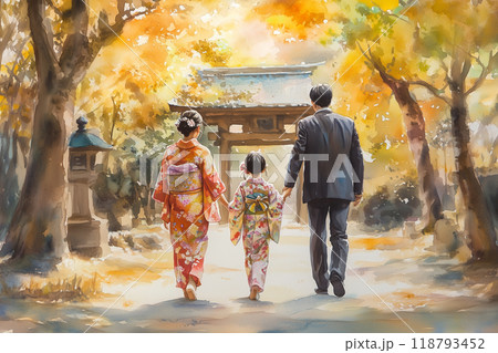 七五三の風景:着物姿の家族と神社での温かなひととき 七五三の風景:着物姿の家族と神社での温かなひととき 118793452