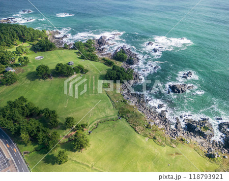 空撮「青森県」天然芝生の美しい海岸線・種差海岸　八戸市 118793921