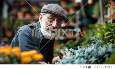 An elderly man tending to plants in a vibrant garden center during the afternoon, showcasing his passion for gardening and plants 118793961