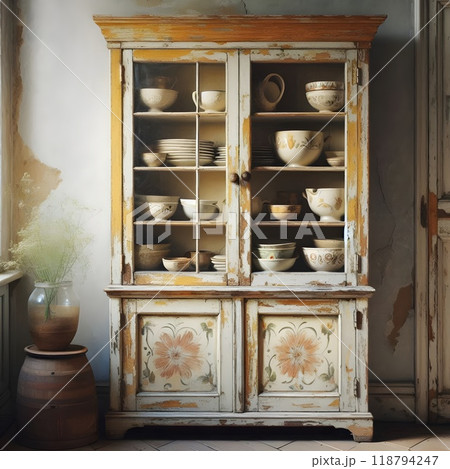 A collection of heirlooms displayed in a wooden hutch. 118794247