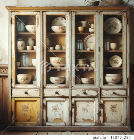 A collection of heirlooms displayed in a wooden hutch. 118794250