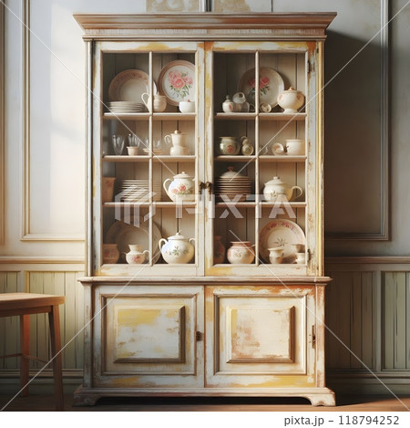A collection of heirlooms displayed in a wooden hutch. A collection of heirlooms displayed in a wooden hutch. 118794252