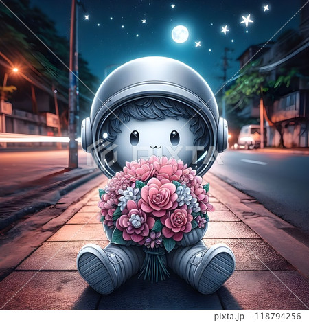 A cute and mischievous astronaut holds a giant bouquet of flowers. A cute and mischievous astronaut holds a giant bouquet of flowers. 118794256