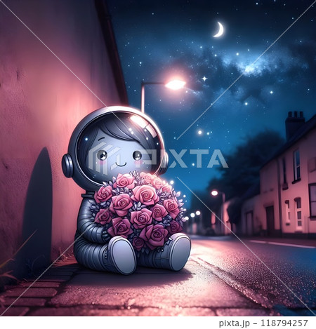 A cute and mischievous astronaut holds a giant bouquet of flowers. A cute and mischievous astronaut holds a giant bouquet of flowers. 118794257