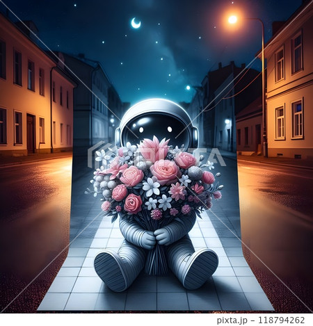 A cute and mischievous astronaut holds a giant bouquet of flowers. A cute and mischievous astronaut holds a giant bouquet of flowers. 118794262
