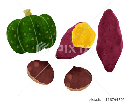 さつまいも、栗、かぼちゃ 水彩風手描きイラストセット さつまいも、栗、かぼちゃ 水彩風手描きイラストセット 118794792