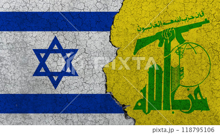 Israel against Hezbollah, the two flags on an old concrete wall separated by a crack 118795106