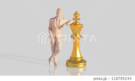The Man and gold king chess on white background  3d rendering. 118795243