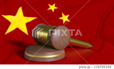 The Hammer wood law on china flag image 3d rendering. 118795244