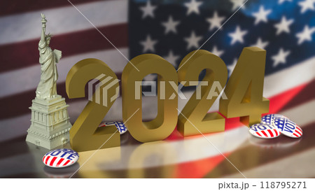 The brooch vote and statue of liberty on USA flag for U.S. presidential election  concept 3d rendering. 118795271