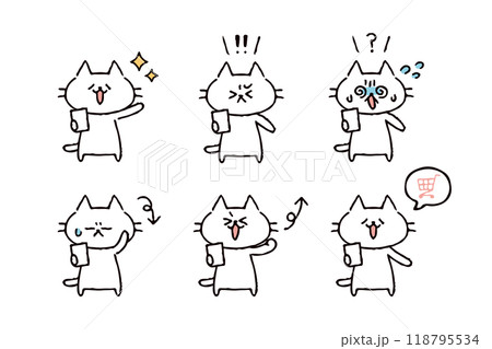 スマホを持った猫のイラストセット スマホを持った猫のイラストセット 118795534