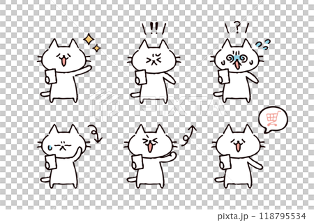 スマホを持った猫のイラストセット スマホを持った猫のイラストセット 118795534