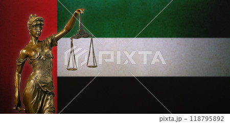 Lady Justice before a flag of the United Arab Emirates 118795892