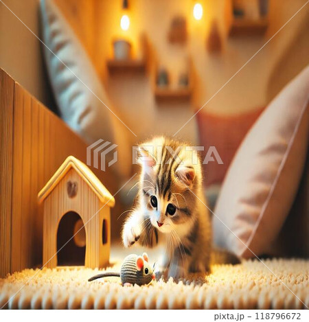 ネズミのおもちゃを見つめる好奇心いっぱいの子猫 118796672