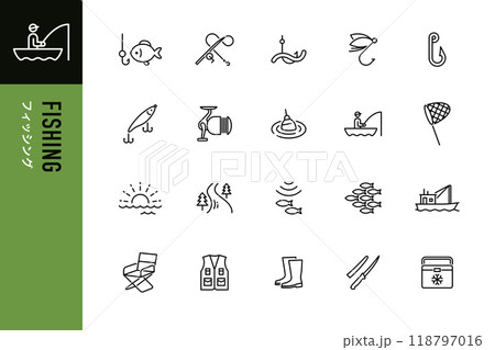 フィッシングのシンプルなラインアイコンセット 118797016