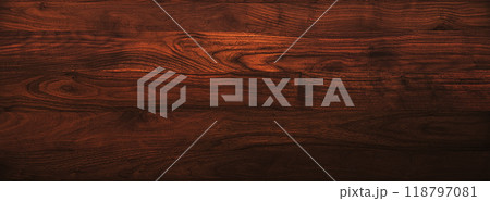 ウォールナットの焦茶色の木目の横長の板の背景画像 118797081