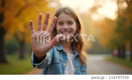 Waving toward the camera 118797559