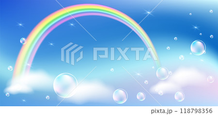 Fairytale iridescent sky landscape with rainbow and stars in the cloudy sky. Magic background for princess and unicorn. Fairytale iridescent sky landscape with rainbow and stars in the cloudy sky. Magic background for princess and unicorn. 118798356