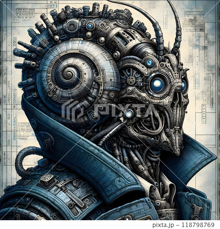 A cybernetic with a snail-like shell on its back. 118798769