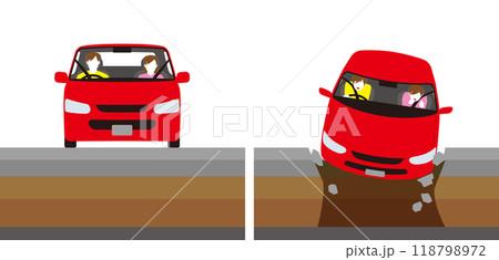 正面を向いている乗用車とドライバーと助手席。陥没した道路に落ちてと驚くドライバーと助手席の女性 118798972