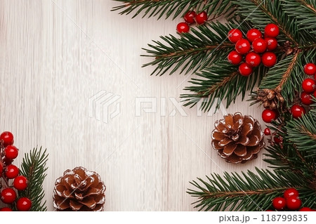 White new year background, pine with red berries, green tree 118799835