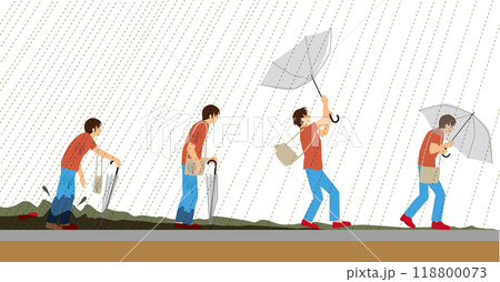 災害、豪雨。傘を差した歩行者と歩道にあふれた水の量のイメージイラスト 118800073