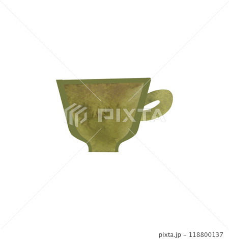 Cup. Elegant olive green cup with small handle for tea or coffee in vintage style made of porcelain. Isolated watercolor object on white background. Clipart. Cup. Elegant olive green cup with small handle for tea or coffee in vintage style made of porcelain. Isolated watercolor object on white background. Clipart. 118800137