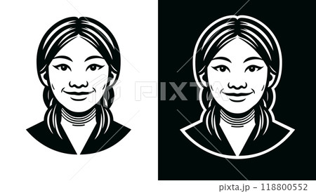 Pretty Asian mature woman drawn in vector. A simple black and white isolated icon. Oriental adult beauty. A face with a natural smile and open eyes. 118800552