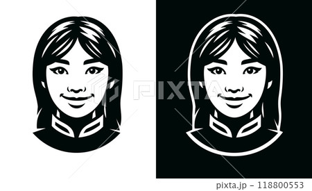 Attractive Asian girl drawn in vector. A simple black and white isolated icon. Young and beautiful oriental woman head. A face with a natural smile and open eyes. 118800553
