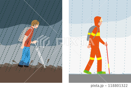 災害、豪雨。避難するとき長靴と普段着の人。雨対策防災の服装の人。イメージイラスト 災害、豪雨。避難するとき長靴と普段着の人。雨対策防災の服装の人。イメージイラスト 118801322