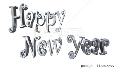3DCG文字「Happy New Year/ハッピーニューイヤー」シルバー,銀 118802255