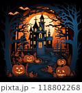 Paper cut Halloween Haunted House with Glowing Pumpkins in Spooky Fores 118802268