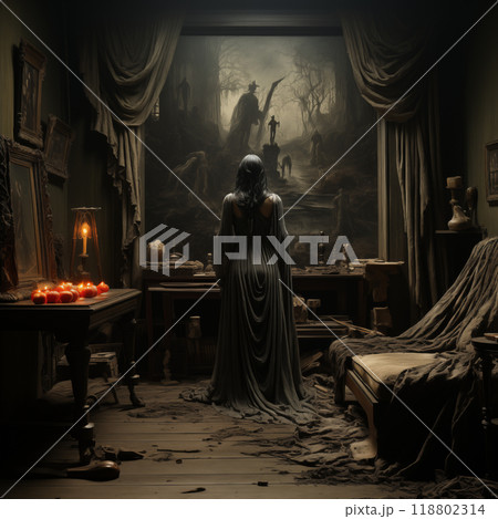 Gothic Lady in Mystical Room with Dark Painting Gothic Lady in Mystical Room with Dark Painting 118802314