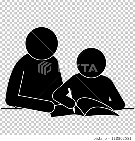 Pictogram of a child studying and an adult teaching him Pictogram of a child studying and an adult teaching him 118802581
