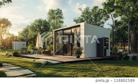 環境に優しいクリーンエネルギーシステムを装備した小型住宅をリアルに描いたAI生成画像 環境に優しいクリーンエネルギーシステムを装備した小型住宅をリアルに描いたAI生成画像 118802589