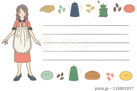 カフェ店員とカフェアイテムのフレームセット クラシカルファッションの女の子とカフェアイコンのフレーム 118802857
