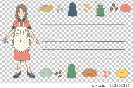 カフェ店員とカフェアイテムのフレームセット クラシカルファッションの女の子とカフェアイコンのフレーム 118802857