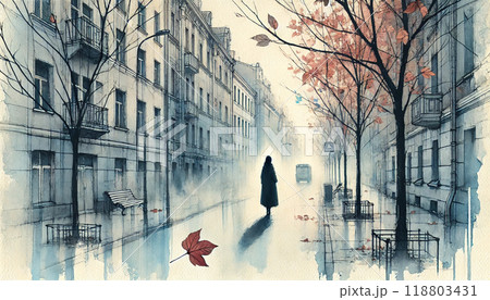水彩風.心に残る風景.都会をさまよう秋の風 水彩風.心に残る風景.都会をさまよう秋の風 118803431