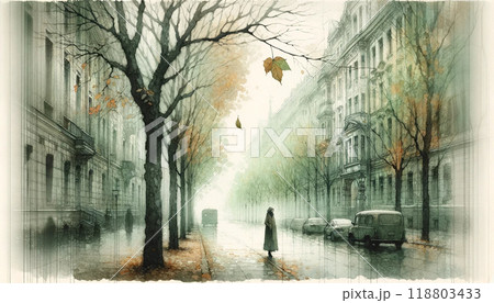水彩風.心に残る風景.都会をさまよう秋の風 水彩風.心に残る風景.都会をさまよう秋の風 118803433