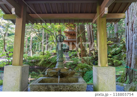 光前寺【国指定名勝】三重を背景に御手洗場の像／長野県駒ヶ根市 118803754