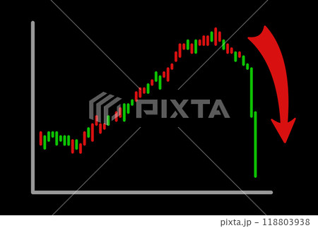 マーケット暴落する株価チャートの赤い下向き矢印と黒背景のシンプルなイメージイラスト 118803938