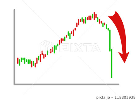 マーケット暴落する株価チャートの赤い下向き矢印と白背景のシンプルなイメージイラスト 118803939