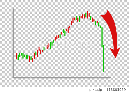 マーケット暴落する株価チャートの赤い下向き矢印と白背景のシンプルなイメージイラスト 118803939
