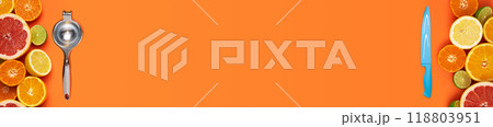 Flat layout banner with various fresh cut citrus fruits on left and right image border and lemon squeezer and a knife on an orange background. Flat layout banner with various fresh cut citrus fruits on left and right image border and lemon squeezer and a knife on an orange background. 118803951