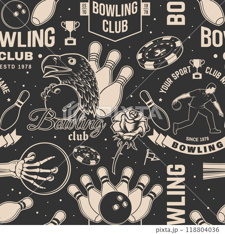 Bowling sports club seamless pattern. Vector illustration. Vintage monochrome label, sticker, patch with bowling ball and athlete bowling shoot pins silhouettes. Bowling sports club seamless pattern. Vector illustration. Vintage monochrome label, sticker, patch with bowling ball and athlete bowling shoot pins silhouettes. 118804036