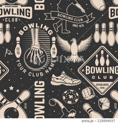 Bowling sports club seamless pattern. Vector illustration. Vintage monochrome label, sticker, patch with bowling ball and athlete bowling shoot pins silhouettes. Bowling sports club seamless pattern. Vector illustration. Vintage monochrome label, sticker, patch with bowling ball and athlete bowling shoot pins silhouettes. 118804037