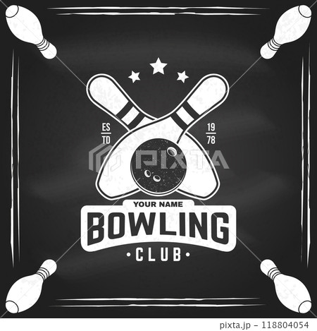Bowling sports club logo, badge design on the chalkboard. Vintage design with bowling pins and ball silhouette. Vector. 118804054
